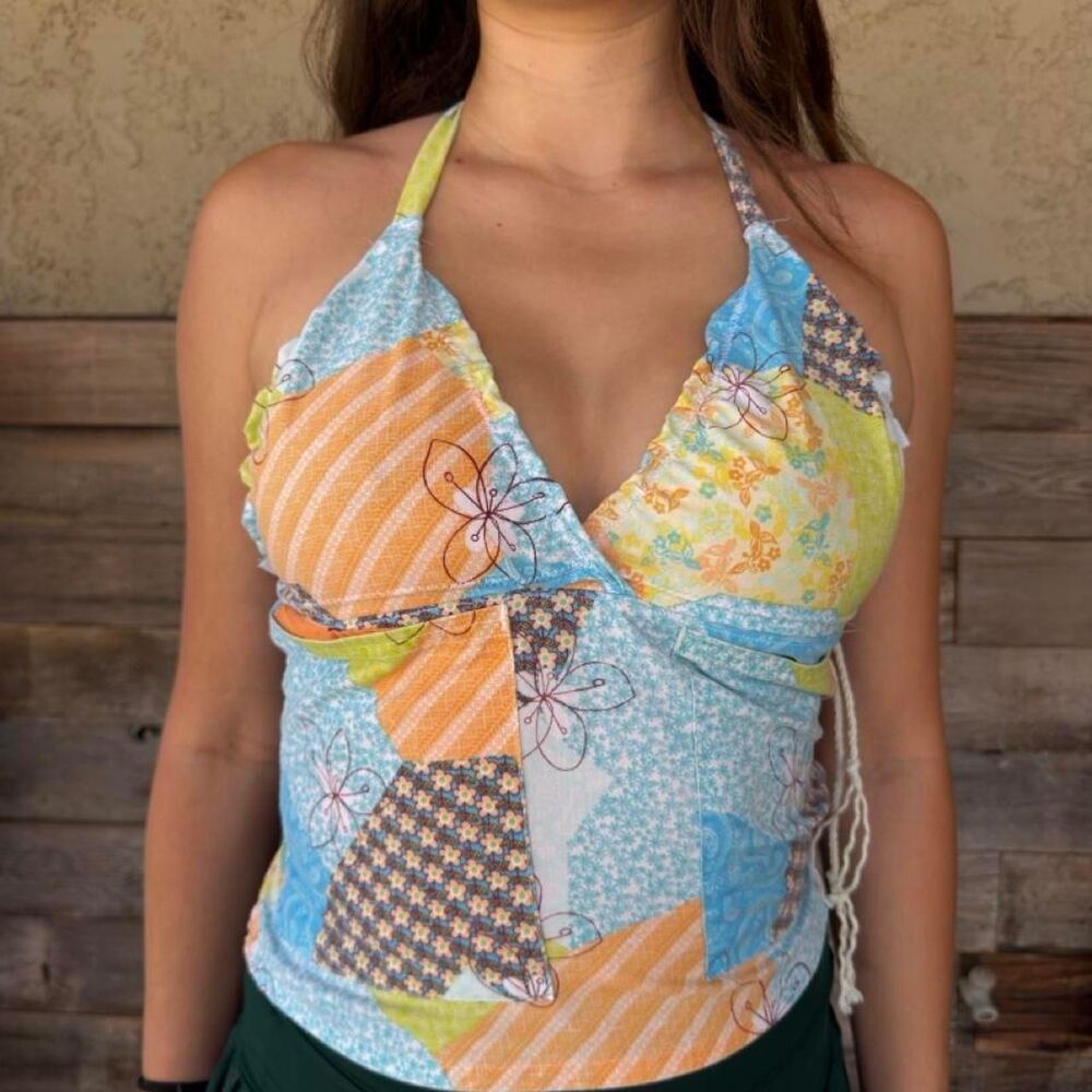 Handmade upcycled women’s summer lace up halter top size small to medium